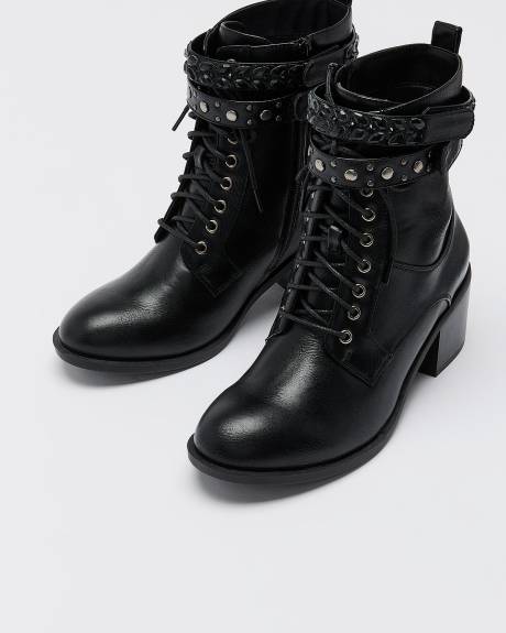 Extra-Wide Width, Black Block-Heeled Combat Bootie