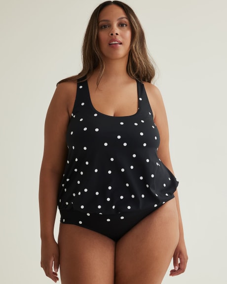 Black Dotted Tankini Top with Folded Band and Racer Back