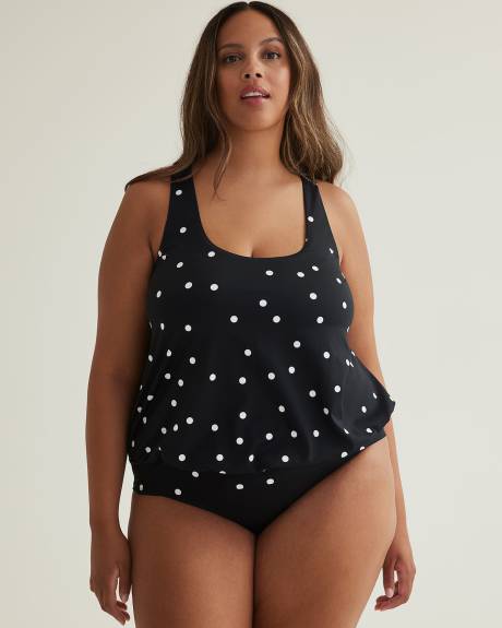 Black Dotted Tankini Top with Folded Band and Racer Back