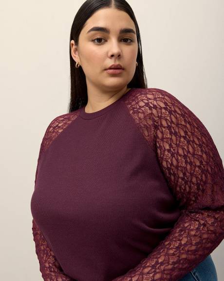 Ribbed Knit Top with Long Lace Sleeves