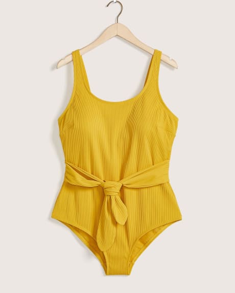 Ribbed One-Piece Swimsuit with Tie Waist