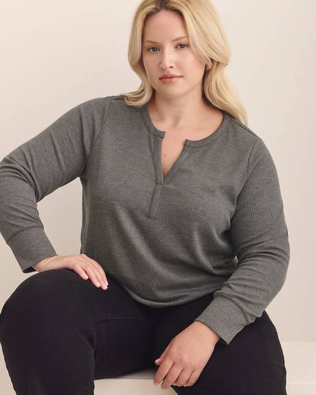 Long-Sleeve Split-Neck Waffle Knit Top