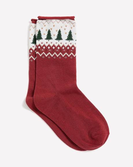 Red Rolled-Edge Crew Socks with Tree Fair Isle Print