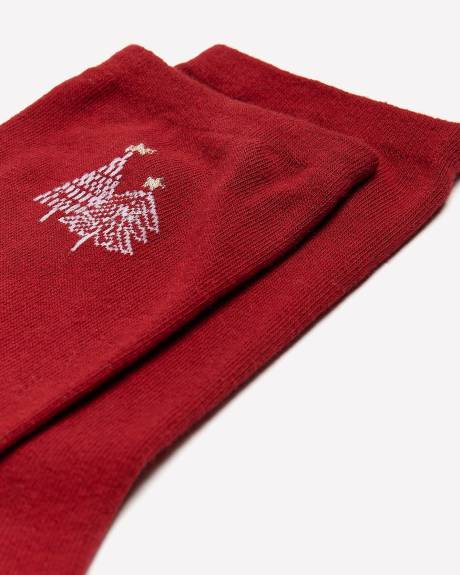 Red Crew Socks with Christmas Tree