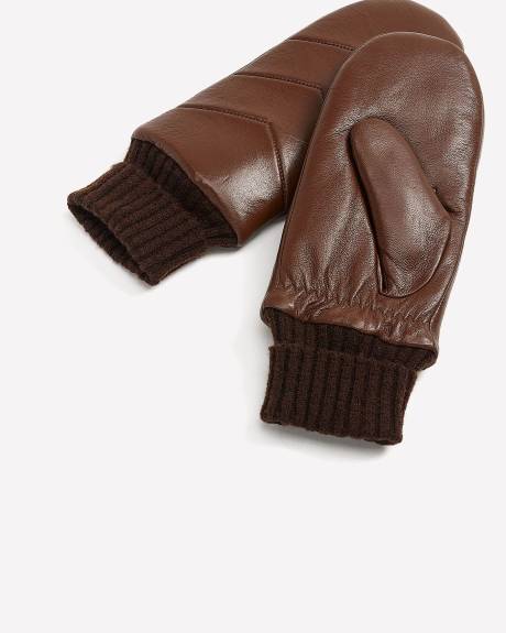 Brown Leather V-Stitch Quilted Mittens with Ribbed Cuffs