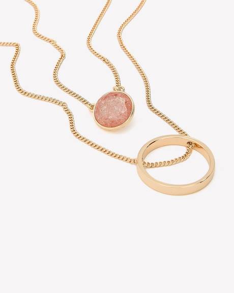 Long Double-Layer Necklace with Stone and Circle Pendants
