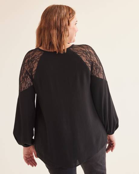 Black V-Neck Blouse with Lace Shoulder Inserts  Penningtons