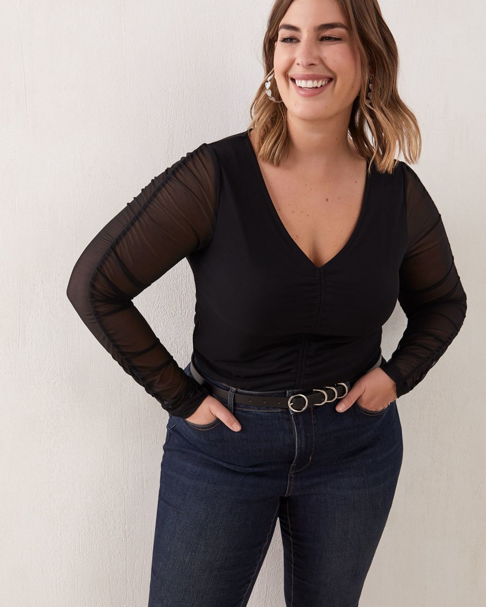 VNeck Mesh Knit Top With Ruching Addition Elle Penningtons