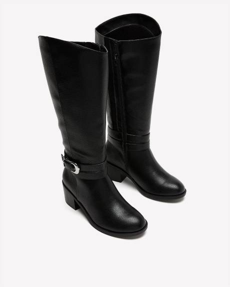 Botte pour mollet large haute noire à talon bloc et double bride, pied très large