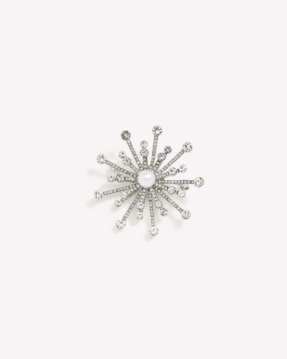 Broche argentée avec pierres scintillantes et perle
