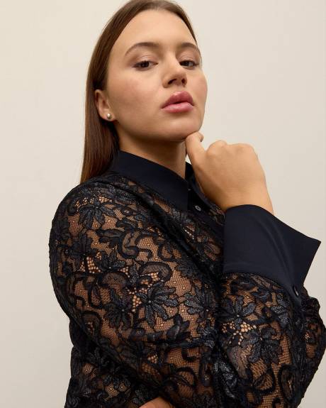 Black Lace Buttoned Down Shirt - Addition Elle