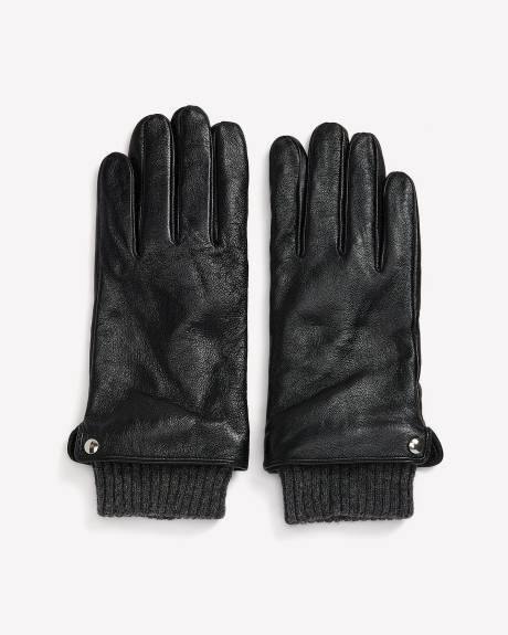 Black Leather Gloves with Knit Cuffs
