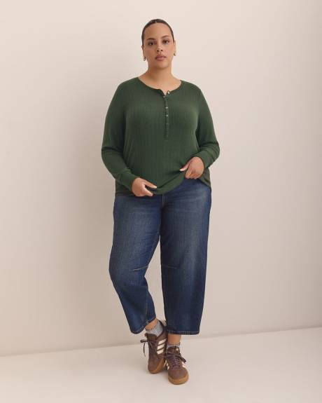 Long-Sleeve Pointelle Ribbed Knit Henley Top