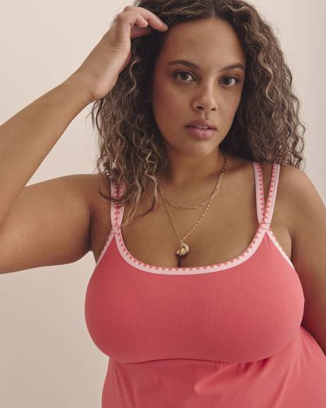 Coral Ribbed Tankini Top with Geometric Double Straps