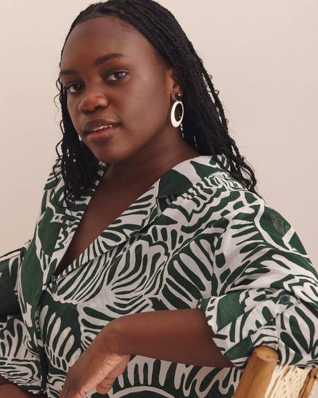 Foliage-Print Cotton Swim Cover-Up Tunic Shirt