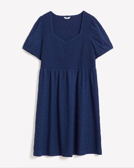 Eyelet Knit Dress with Short Balloon Sleeves