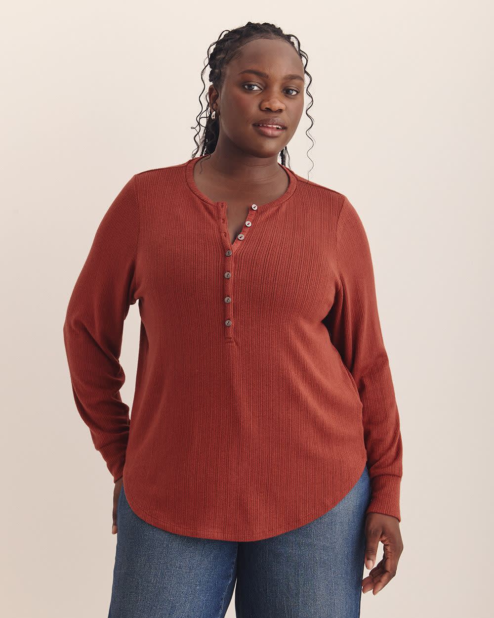 Long-Sleeve Pointelle Ribbed Knit Henley Top