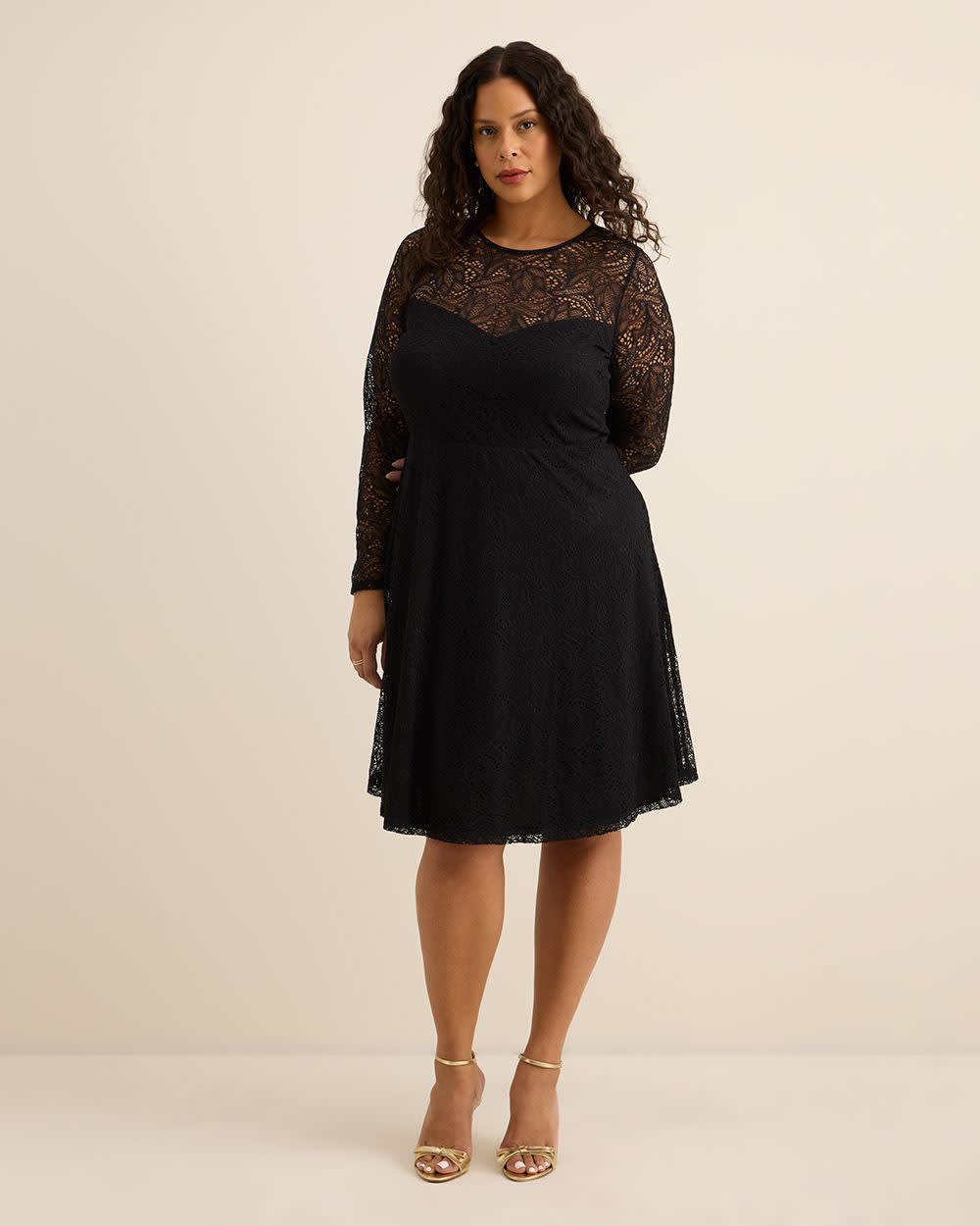 Fit and Flare Long-Sleeve Knit Lace Dress