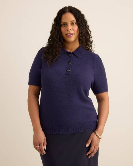 Plush Short-Sleeve Polo Sweater with Fancy Buttons