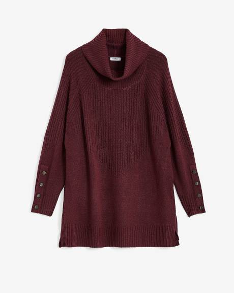 Cable Knit Tunic Sweater with Cowl Neck