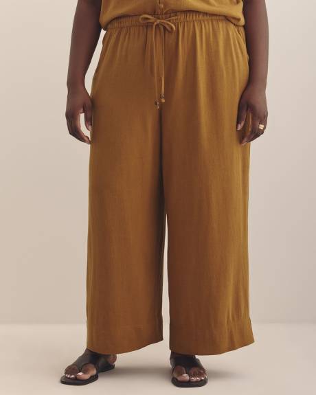 Linen-Blend Wide-Leg Crop Pant with Drawstring at Waistband