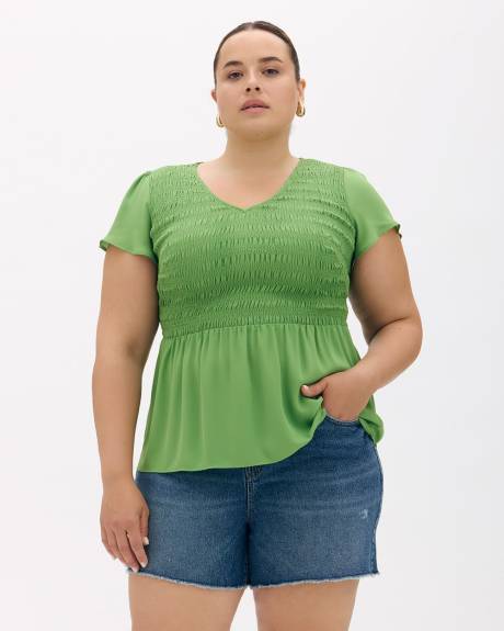 Blouse with Smocking, Short Flutter Sleeves - Addition Elle