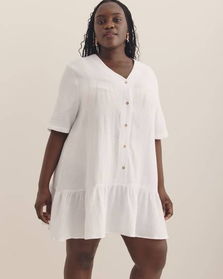 White Sol Buttoned-Down Cover-Up Shirt with Flared Hem - Raisins Curve