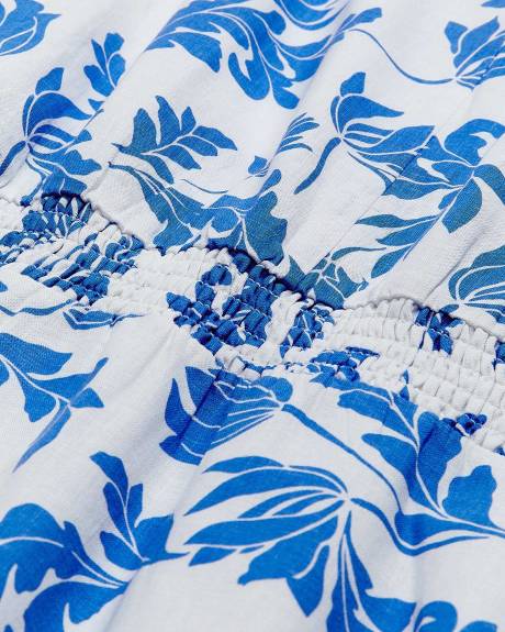Robe imprimée feuille avec smocks, mélange de lin