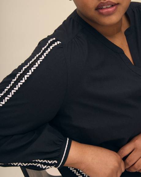 Long-Sleeve Split-Neck Blouse with Embroidery Detail