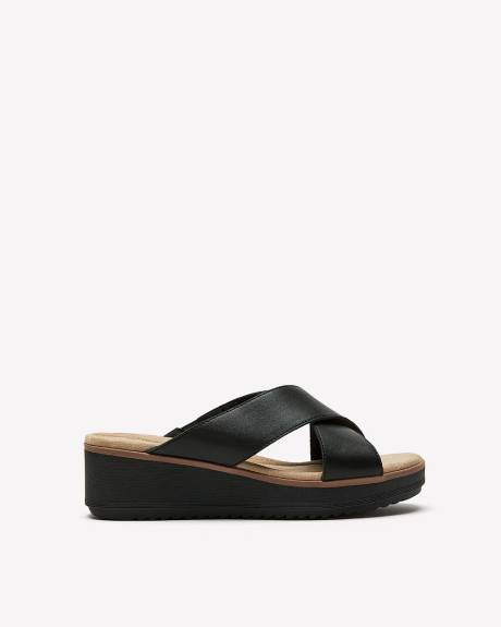 Wide Width, Black Leather Wrenly Ivy Crisscross Wedge Sandal - Clarks