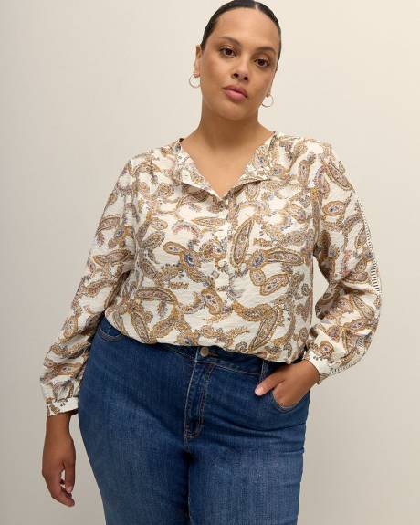 Blouse évasée à manches longues avec garniture, tissu responsable