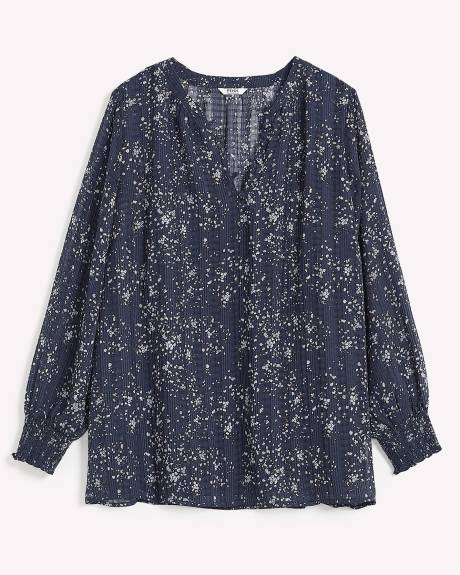Floral Blouse with Split Neckline and Smocked Cuffs