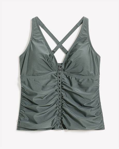 Green V-Neck Shirred Tankini Top with Braided Detail
