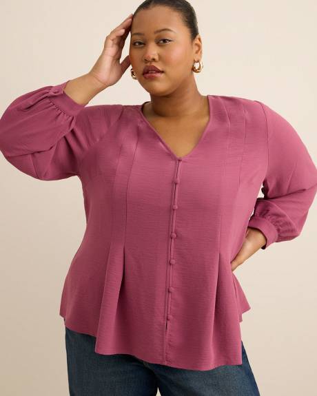 Long-Sleeve Flared Pleated Satin Blouse