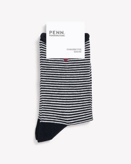 Black and White Striped Crew Sock with Rolled Edges and Small Heart