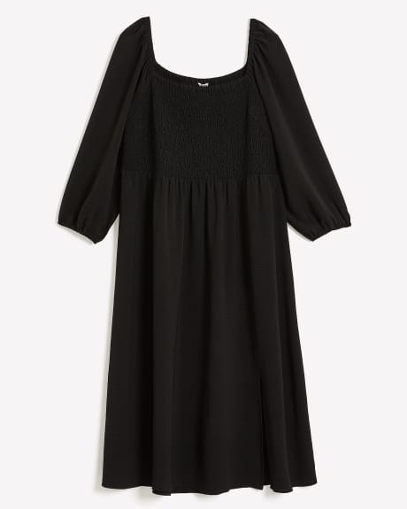 Black Smocked Midi Dress with Balloon Sleeves
