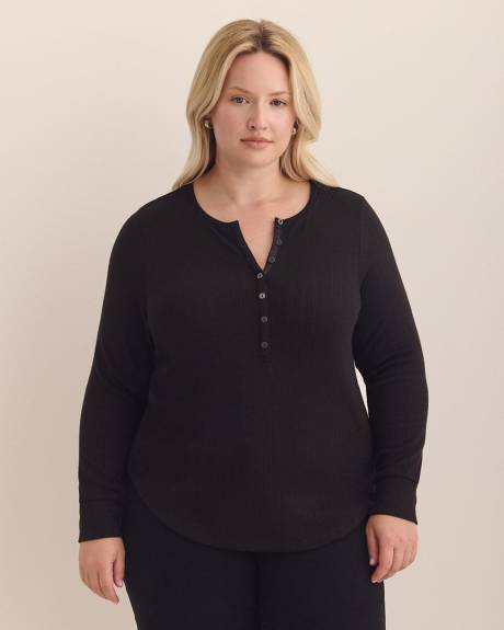 Long-Sleeve Pointelle Ribbed Knit Henley Top