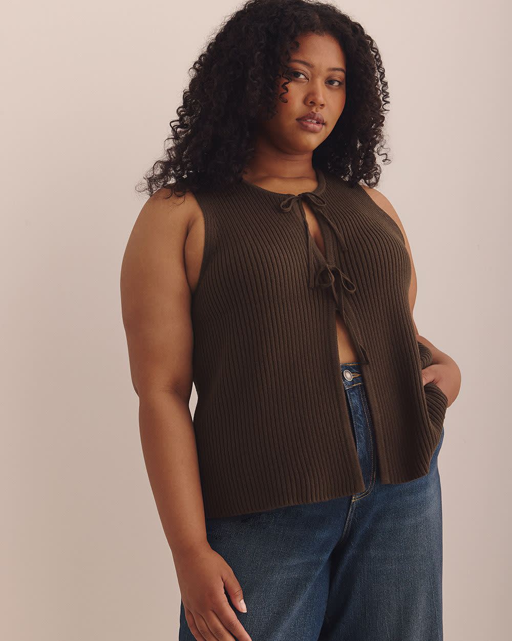 Sleeveless Sweater Vest with Tie-Front