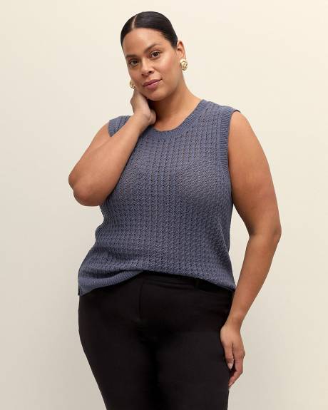 Sleeveless Cotton Sweater with Crochet Ribbed Bands