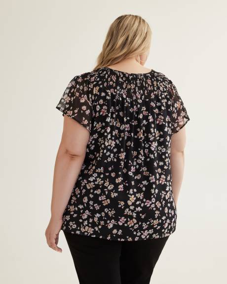Floral Long Blouse with Smocked Neckline