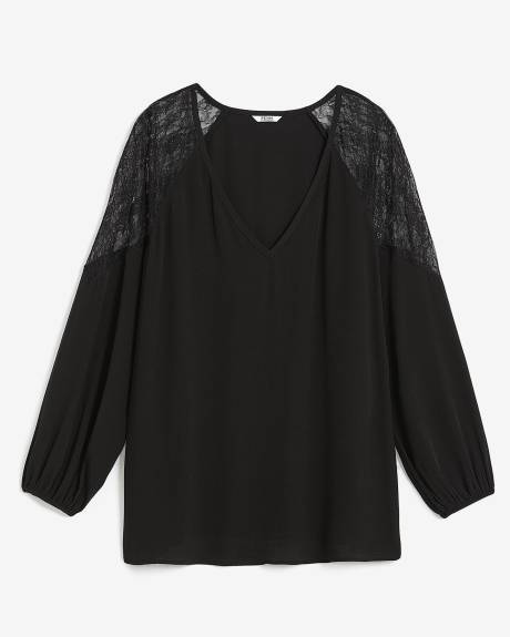 Black V-Neck Blouse with Lace Shoulder Inserts