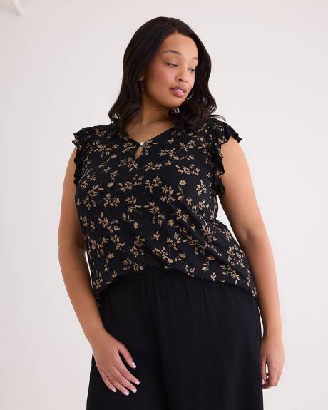V-Neck Knit Top with Short Flutter Sleeves