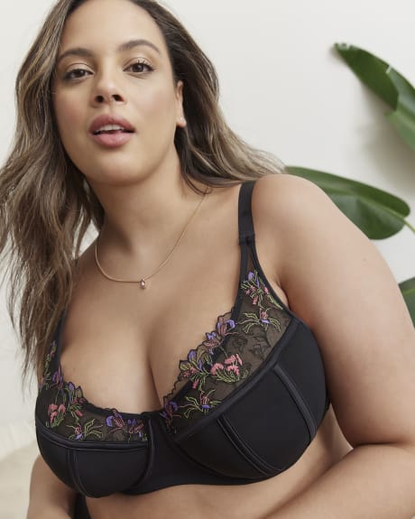 Sexy Black Underwire Floral Lace and Mesh Bra - Déesse Collection