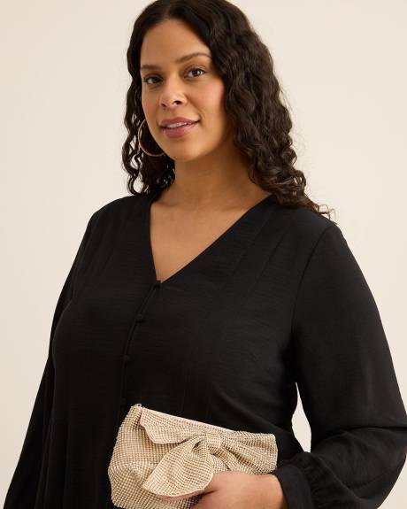Long-Sleeve Flared Pleated Satin Blouse