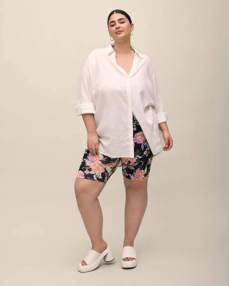 Solid Linen Blend Tunic with Rolled-Up Sleeves and Buttons