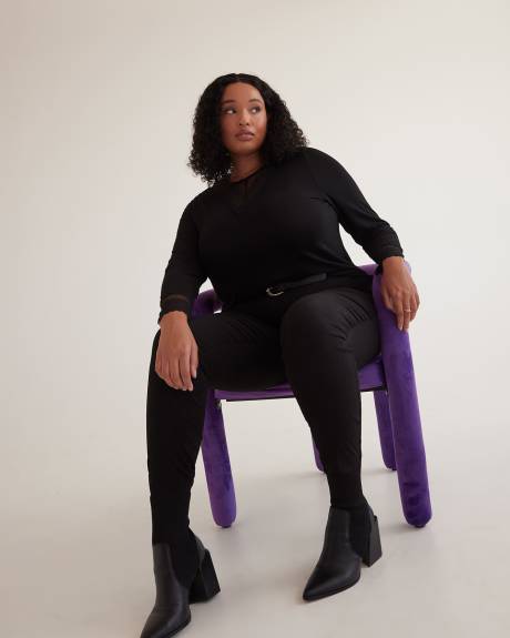 Responsible, Black Ribbed Knit Top with Lace Yoke