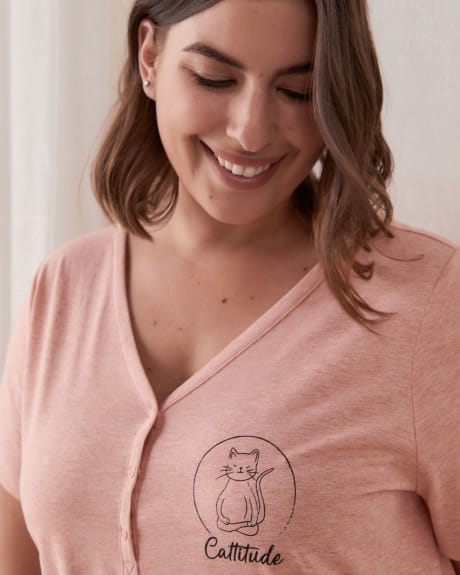 Printed Short-Sleeve Sleepshirt With Buttons - ti VOGLIO