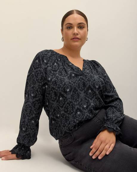 Long-Sleeve A-Line Blouse with Split Neckline