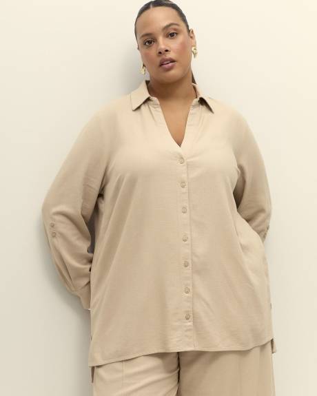 Linen Blend Tunic Shirt with Rolled-Up Sleeves