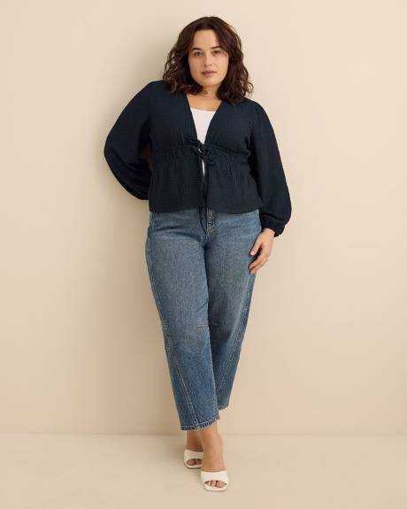 Textured Front-Tie Long-Sleeve Top